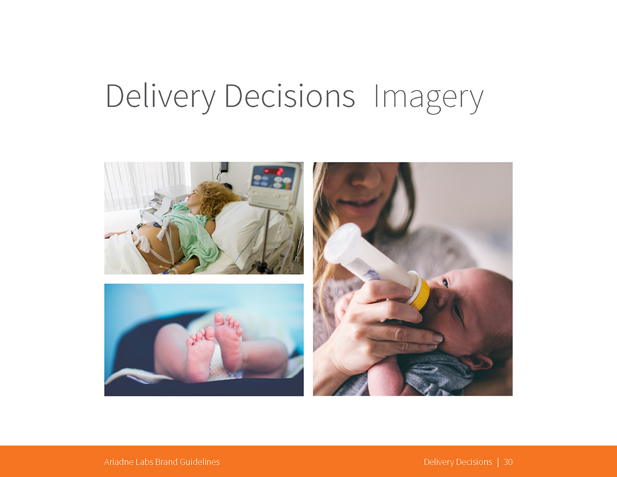 Delivery Decisions: Imagery examples: a pregnant woman in a hospital bed, a baby's feet, and a mother bottle-feeding an infant