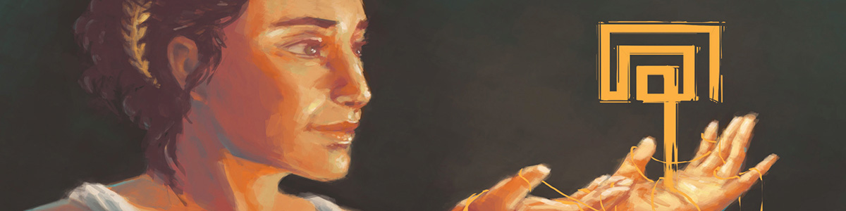 An illustration of the goddess Ariadne holding the golden labyrinth logo of Ariadne Labs