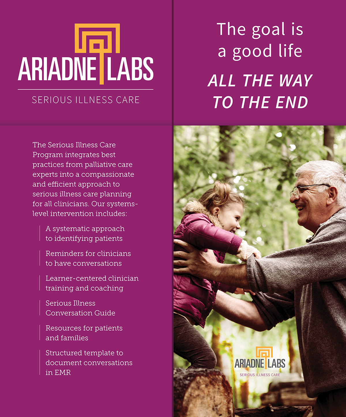 Two tall banners showing major points from the Serious Illness Care Program, and a grandfather spending time with his granddaughter